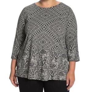 Lucky Brand Blouse Tunic 2X Plus Gray Paisley Border Print Pullover Boho‎ Casual